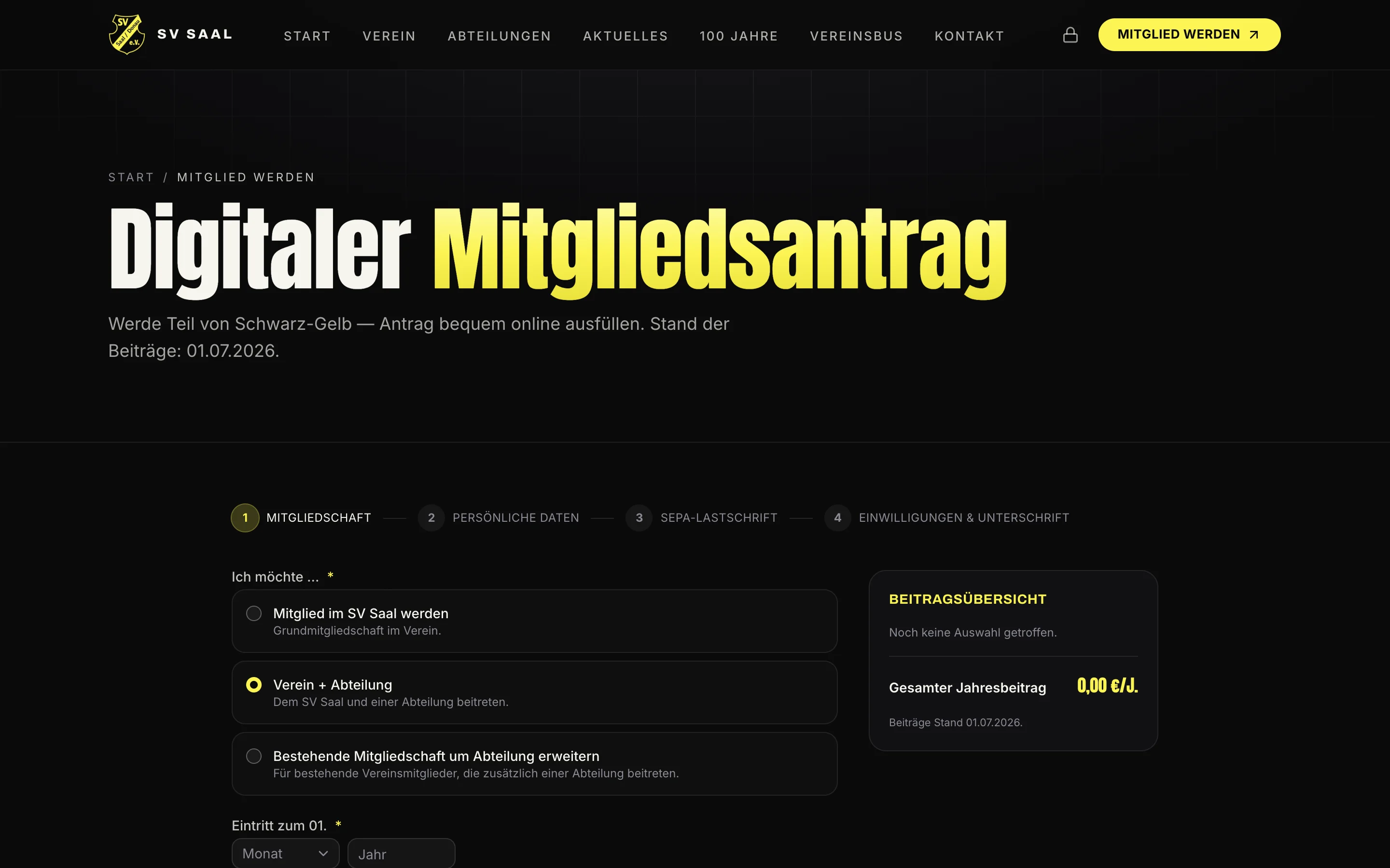 Der digitale Mitgliedsantrag des SV Saal in vier Schritten, mit laufender Beitragsübersicht am Rand.