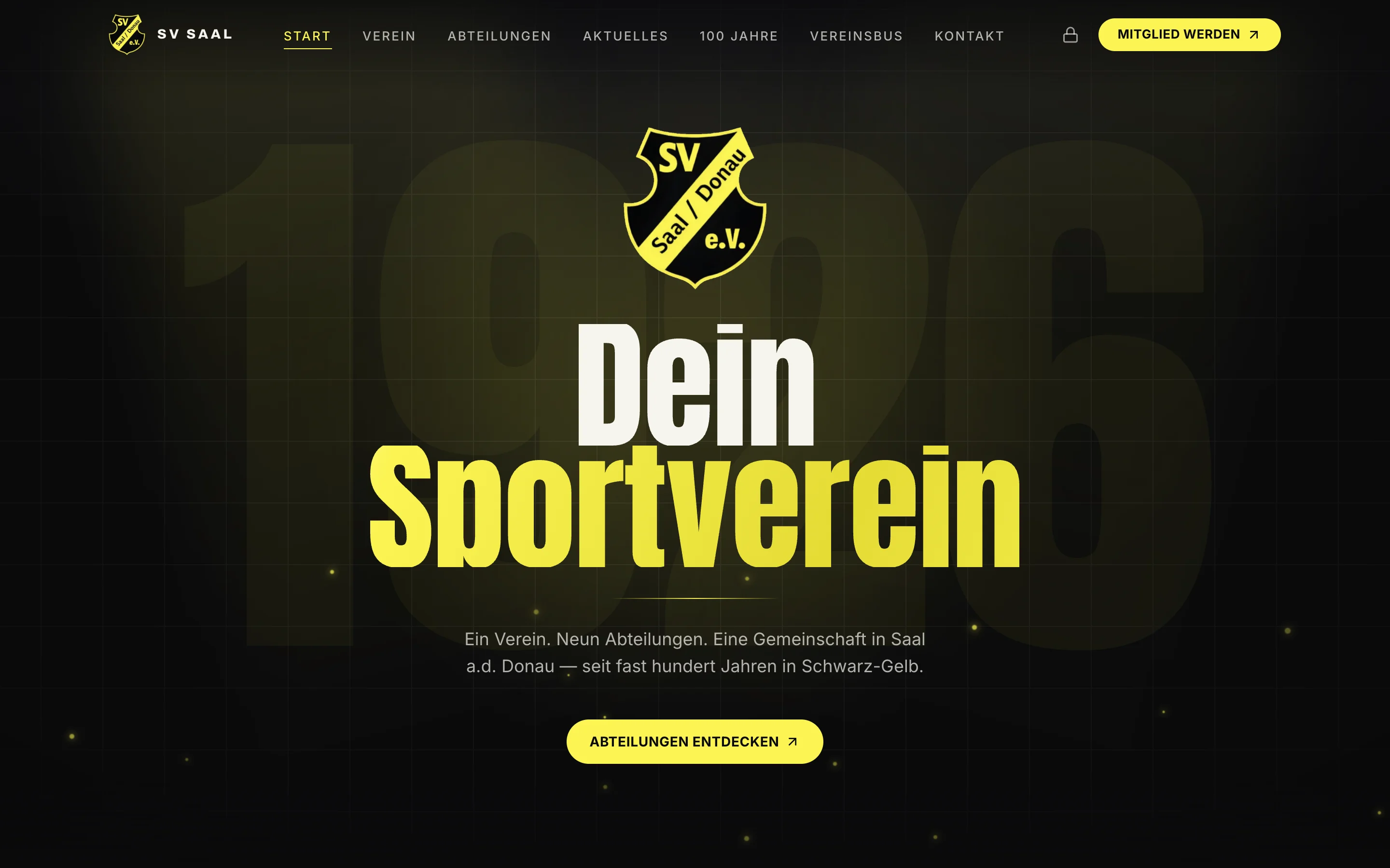 Startseite der Vereinswebsite des SV Saal a.d. Donau: Wappen, die Headline „Dein Sportverein“ in Schwarz-Gelb und der Einstieg zu den neun Abteilungen.